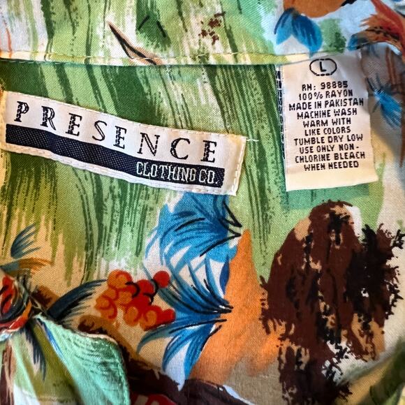 Presence Mens Short Sleeve Shirt Size L Green Floral Button Up Collar Hawaiian - Picture 2 of 6
